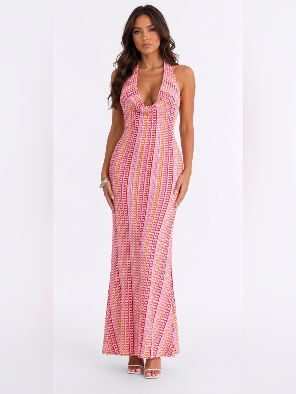 Fashion Nova Red, Pink & Orange ZigZag Print Halter Maxi Open Back Dresss